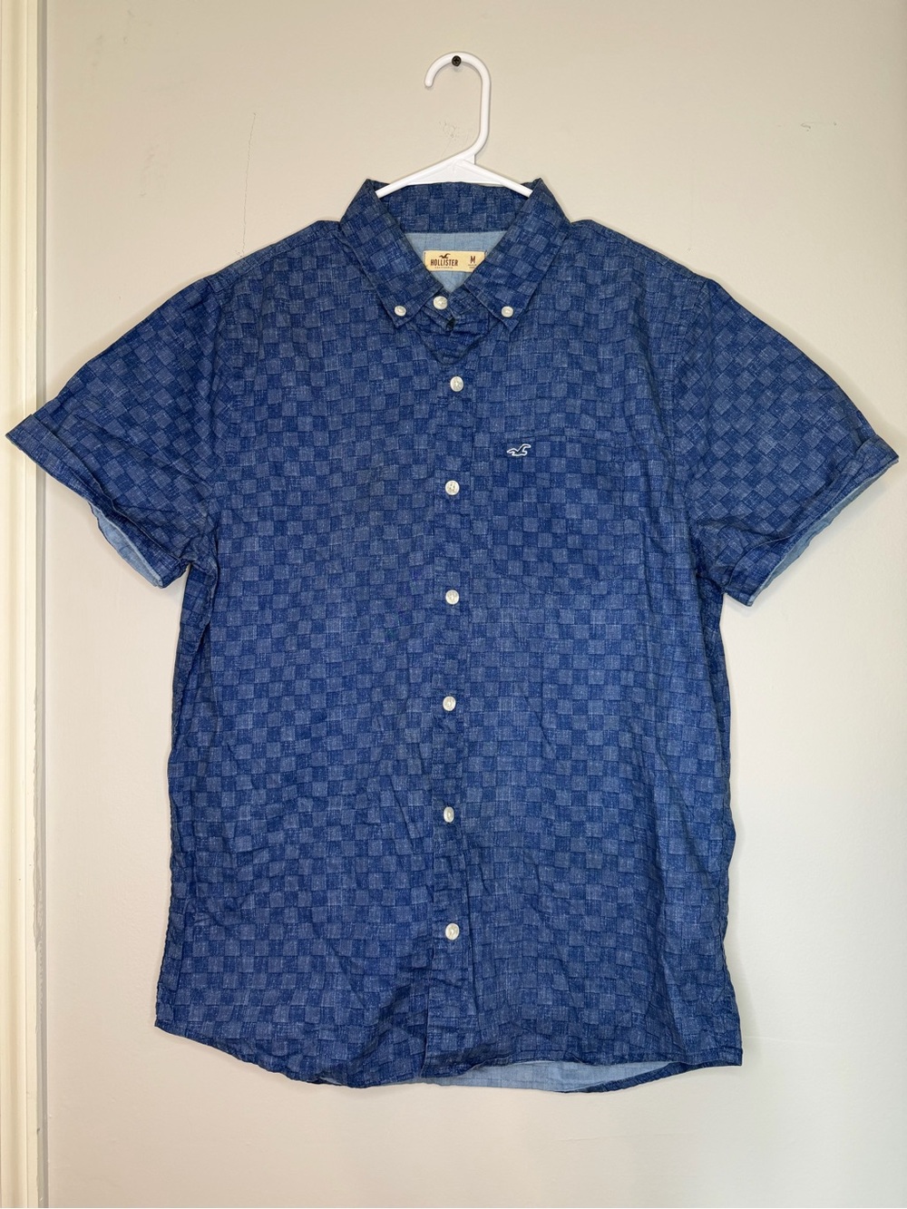 Hollister Men's Navy Check Short-Sleeve Button-Down Shirt, Size M